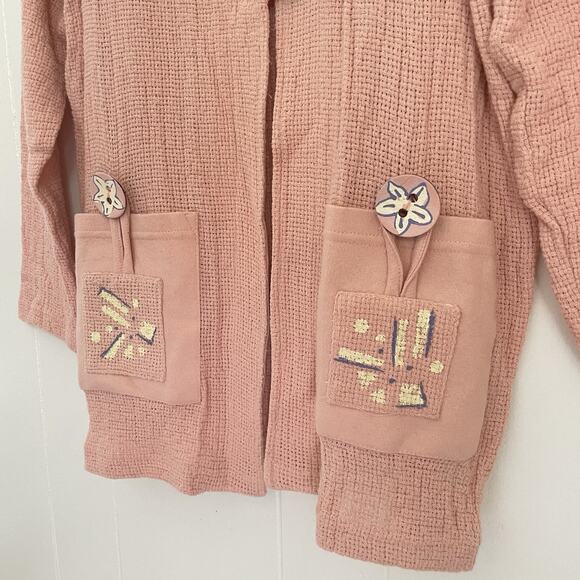 Vtg Pink Waffle Knit Cotton Cardigan Jacket Gauze L Art to Wear Teacher USA Made - Picture 5 of 8